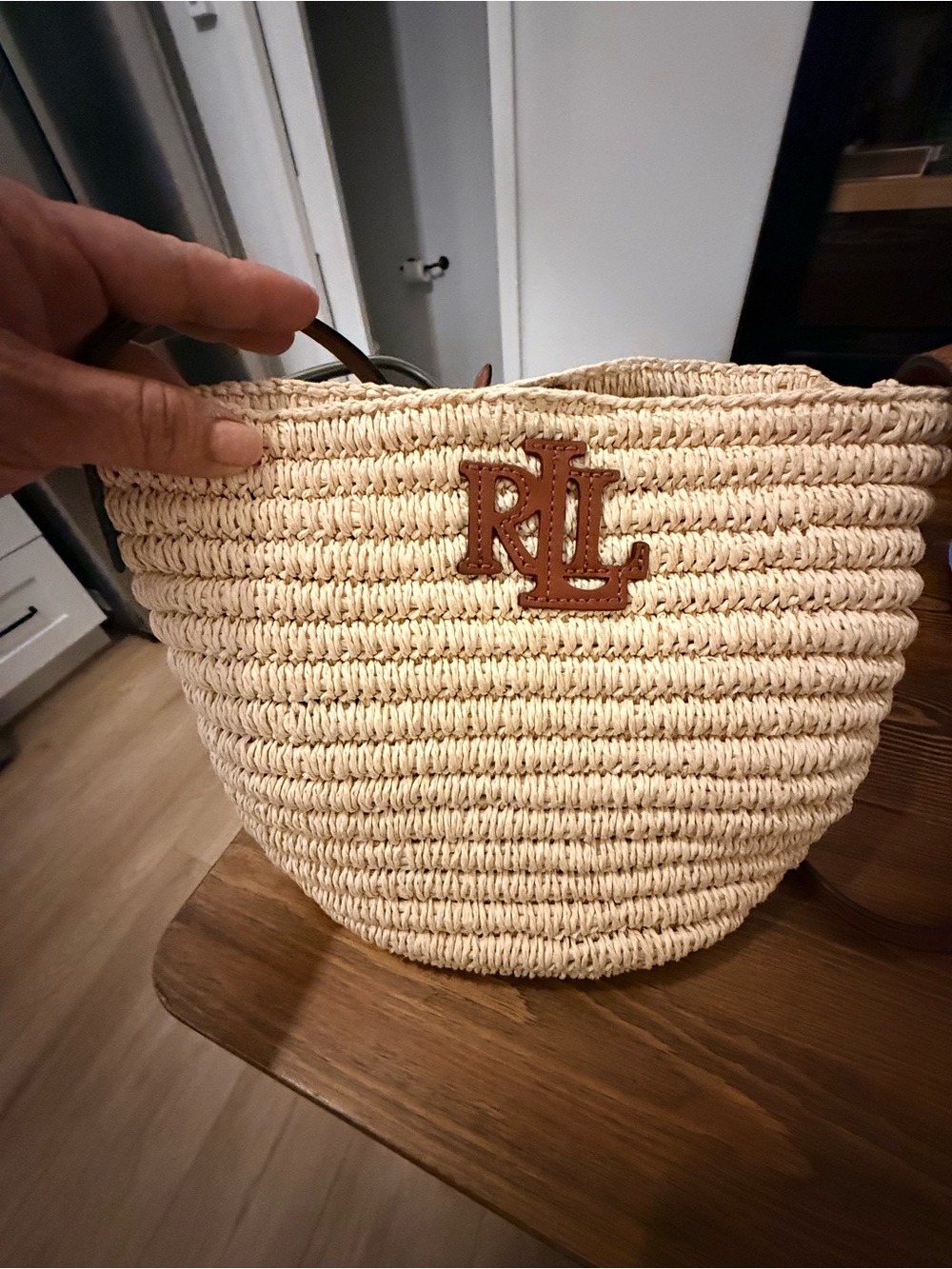Lauren Ralph Lauren Cream Straw Crossbody with Brown Leather Logo